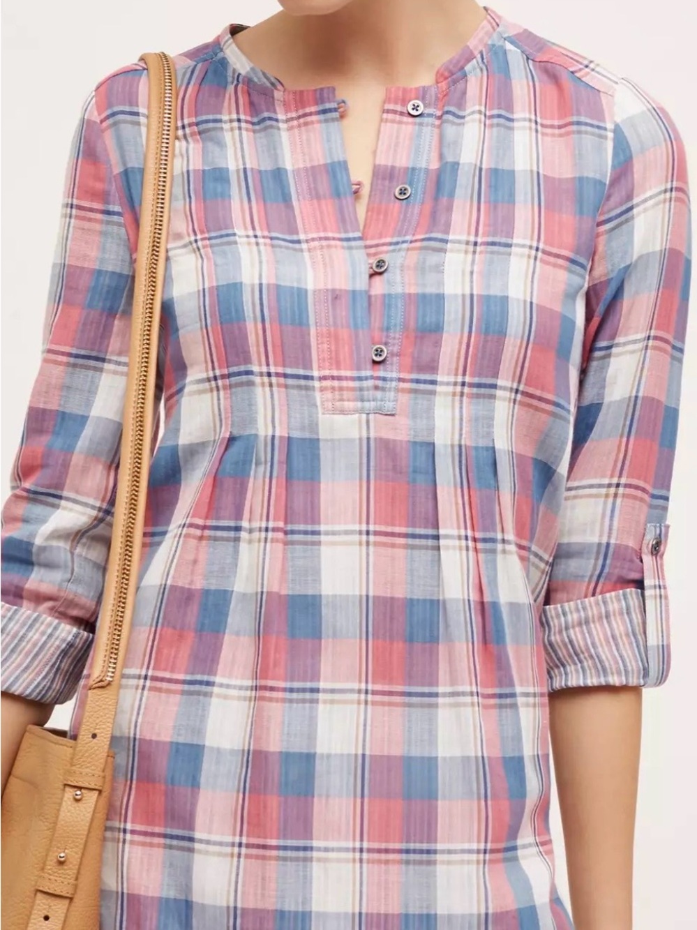 HOLDING HORSES White Pink & Blue Plaid Button-Front Tunic Shirt sz SP